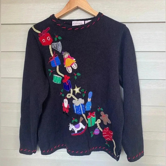 BASIC EDITIONS Christmas pullover sweater Santa toys bright women’s sz M vintage - Picture 8 of 10